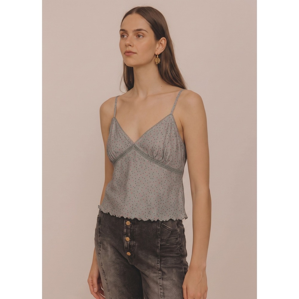 Abound Ditsy Floral Mesh Camisole Top Sage Green Pink Lettuce Hem L Whimsygoth